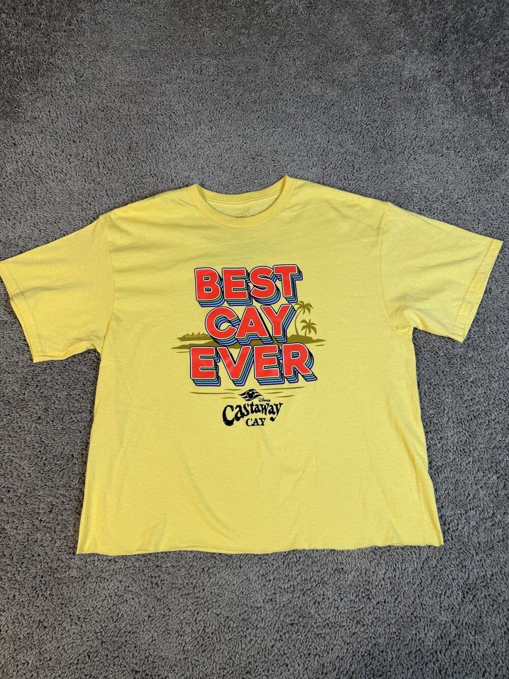 Disney Cruise Line Shirt Womens L Yellow Cropped Tagless 100% Cotton Travel